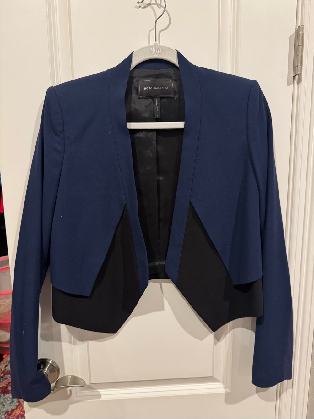 BCBGMaxAzria Navy and Black Cropped Open-Front Blazer
